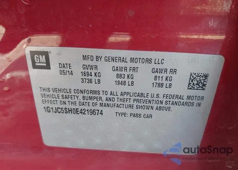 2014 Chevrolet Sonic Lt Auto z USA, uszkodzony, nr VIN 1G1JC5SH0E4219674